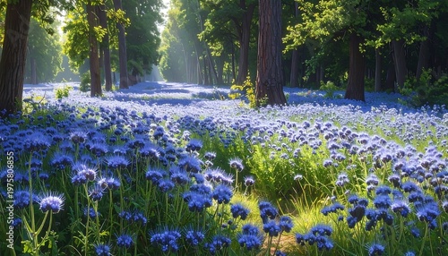 Lush sunlight filters through tall trees, illuminating a vibrant field of small blue flowers
