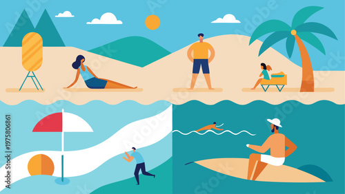 Summer beach, vector illustration, people having fun, surfing, tropical paradise