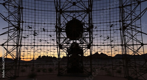Silhouette of large radio telescope dish.