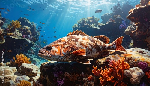 A large fish swims near a vibrant coral reef