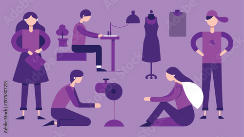 Flat design people working, office workers, fashion designers, purple background
