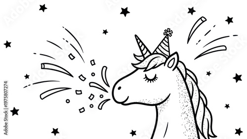 Unicorn wearing party hat blowing.