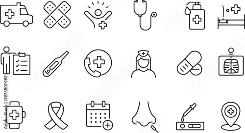 Medical line icons set, healthcare and hospital symbols collection, 18 vector elements for clinic website and pharmacy app design