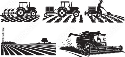 Agricultural machinery and farming equipment in a field setting