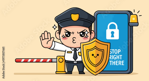 Cartoon security guard character holding shield and stopping a mobile phone with a lock icon to represent cybersecurity