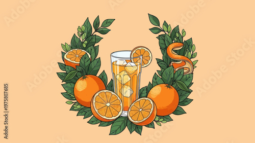 Fresh oranges and juice glass.