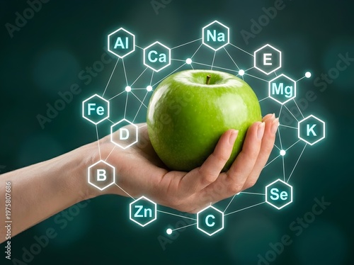 Fresh green apple held in hand with floating chemical element symbols for micronutrients and vitamins against a dark teal blurry background for health
