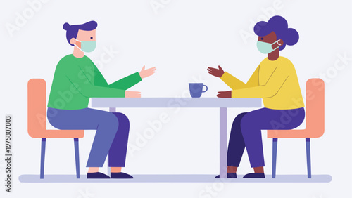 People wearing face masks, social distancing, conversation, vector illustration