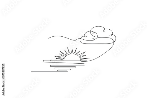 Sunrise landscape continuous one line drawing with sun and cloud

