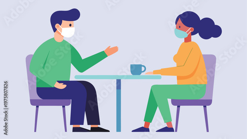 People wearing face masks, social distancing, conversation, flat illustration