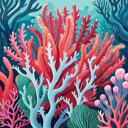 Vibrant coral reef ecosystem with diverse marine plant life