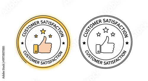 Customer satisfaction seal set featuring a thumbs up hand gesture and three stars available in both colored and line art styles.