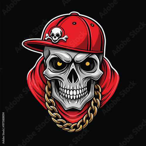 Cartoon skull wearing a red cap and gold chain jewelry