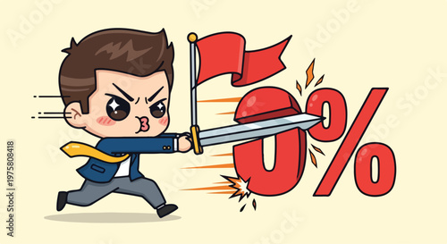 Determined cartoon businessman running with a flag to represent a 5 percent discount or sale promotion