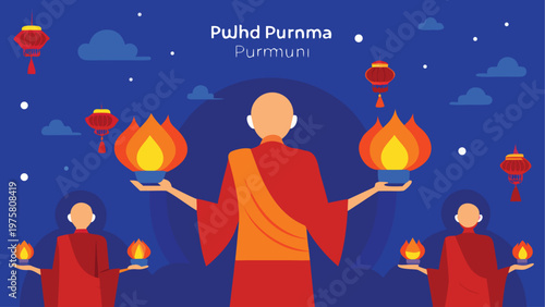 Buddhist monk, lanterns, Pujih Purnma, vector illustration, meditation, spirituality