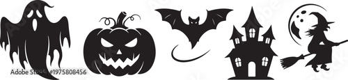 Halloween icons including ghost, pumpkin, bat, house, witch flying