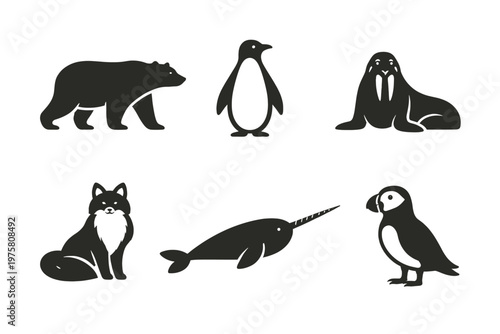 Wildlife animal silhouette icon set in simple flat vector style