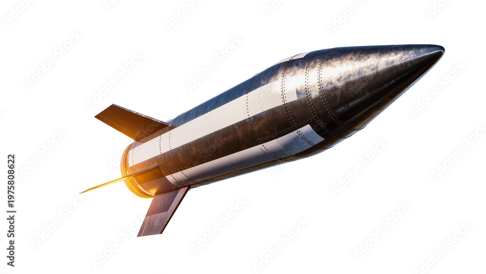 Fototapeta premium Silver Metallic Rocket Launching with Bright Orange Flame and Fins