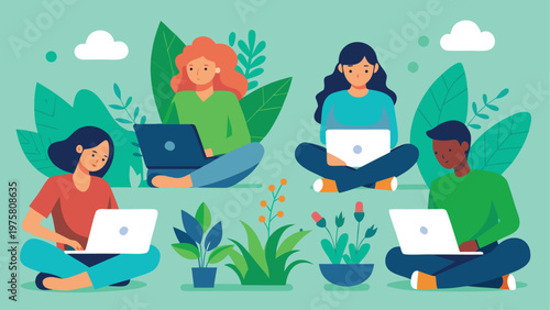 Diverse people, laptops, outdoor workspace, vector illustration, remote work