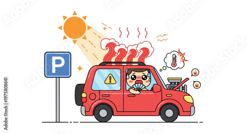 Cute cartoon red car with happy driver driving in sunny weather near parking sign and cityscape
