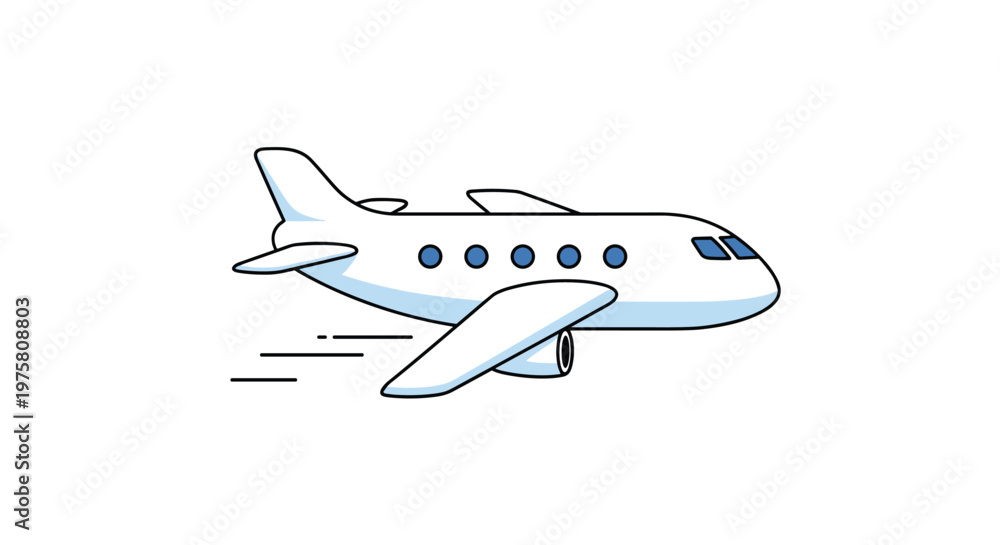 Naklejka premium Simple cartoon illustration of a white passenger airplane flying through the air with speed lines against a white background.