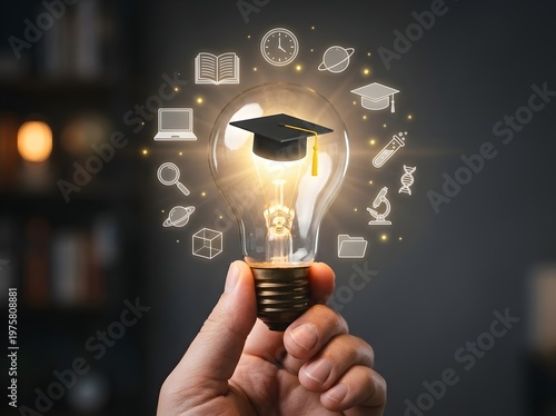 Graduation cap inside glowing light bulb reflecting learning symbols, hand holding power object with knowledge icons in dark library room background