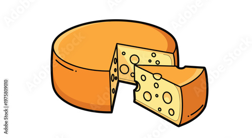 Traditional round wheel of yellow Swiss cheese with holes and a single wedge piece cut out and placed in front of it.