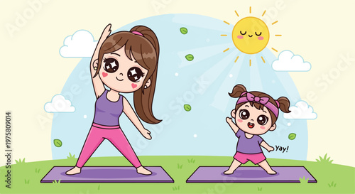 Cute young girl and small girl practicing yoga outdoors on mats under sunny sky with clouds and trees