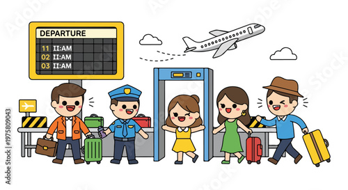 Cartoon illustration of diverse children and adults at an airport departure area with luggage and travel signs