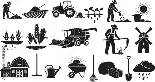 Agricultural icons and farming tools in black and white