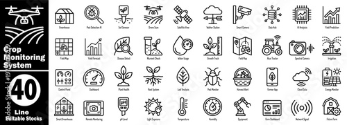 Crop monitoring system line icons for smart farm and technology.