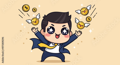 Cute cartoon character dressed as a superhero with a cape, surrounded by flying light bulbs and coins, expressing