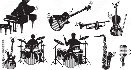 Music instruments and musicians in black and white illustration