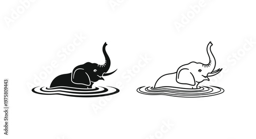 Elephants Bathing in Water Relaxing Animal Art Vector