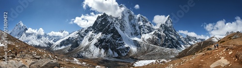 Vast Panoramic View of Snowy Himalayan Range with Adventurous Trekkers on Trail Mount Everest Base Camp, Nepal. Beautiful inspirational panoraic landscape, trekking and activity.