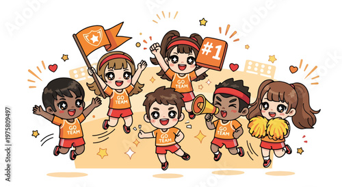 Group of diverse children performing a lively dance or cheerleading routine together in a bright and cheerful setting