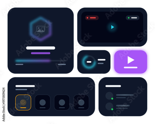 Dark Mode UI Dashboard Widget Set with Glassmorphism and Neon Accents