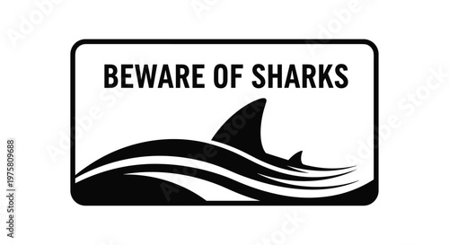 Beach safety warning sign featuring a black silhouette of a shark fin above ocean waves and text Beware Of Sharks.