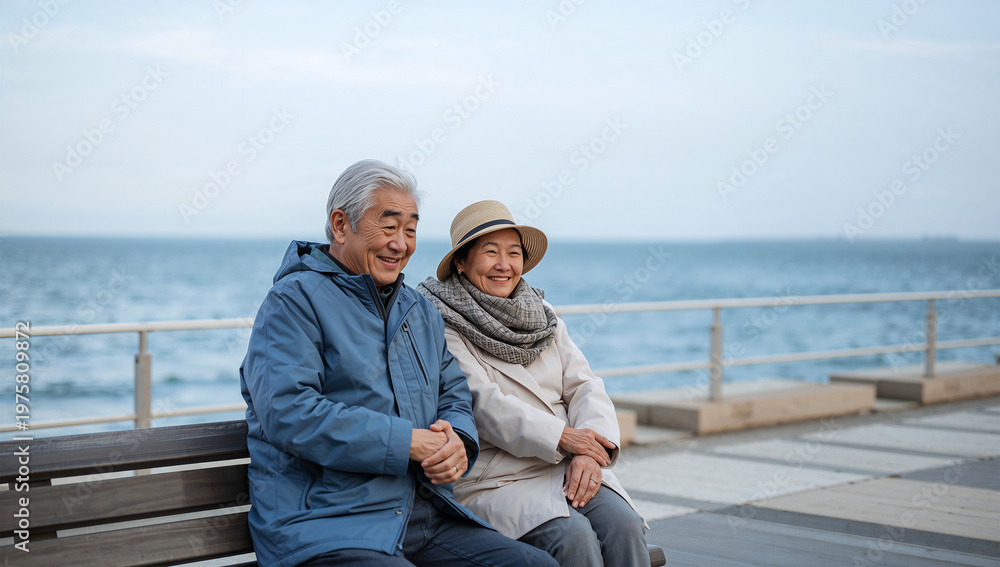 Fototapeta premium 海辺のベンチで散歩の途中に休む日本人の高齢夫婦