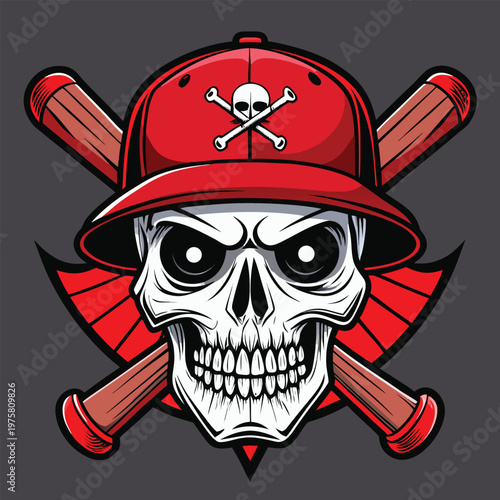 Cartoon skull wearing a red baseball cap with crossed bats