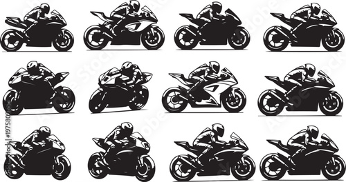 Motorcycle riders in various poses on different bikes silhouettes