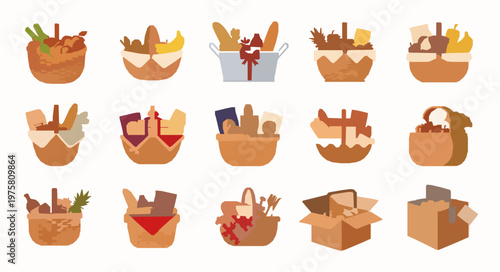 Gift basket food hamper icon vector set festive grocery EPS10 isolated on white