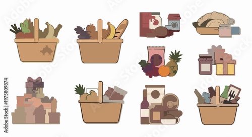 Stylized gift basket food hamper icon set vector EPS10 isolated on white