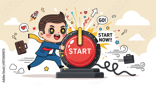 Cute cartoon character pressing a large red start button with excitement and colorful icons