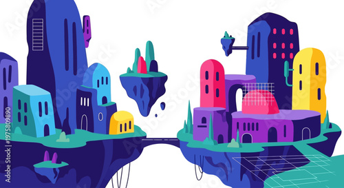 Vibrant floating cityscape with colorful buildings