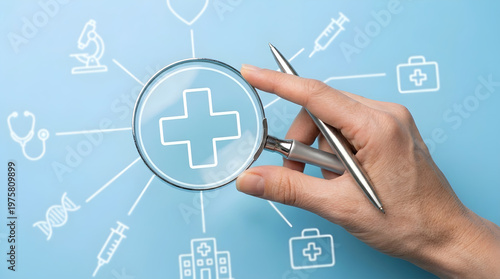 Person holding a magnifying glass focuses on a medical cross symbol, surrounded by healthcare and science icons on a blue background representing care