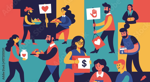 Volunteers and community helpers exchanging goods and money