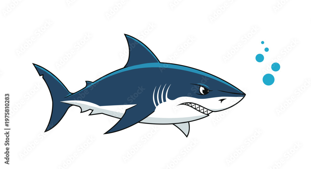 Naklejka premium Large blue great white shark with an angry expression and sharp teeth swimming through the water with bubbles.