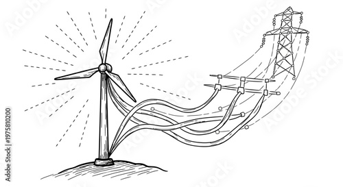 Wind turbine generating electricity with power lines