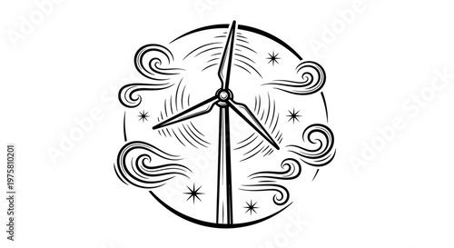 Wind turbine icon with stylized wind and stars
